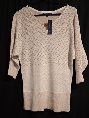 Adrienne Vittadini Cream Textured V-Neck Knit Sweater 3/4 Sleeve Lurex